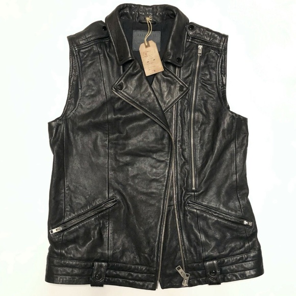 AllSaints Bristow Leather Gilet Biker Moto Vest
